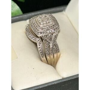 JTW 925 Sterling Silver Pave Diamond Engagement Ring & Wedding Band Set